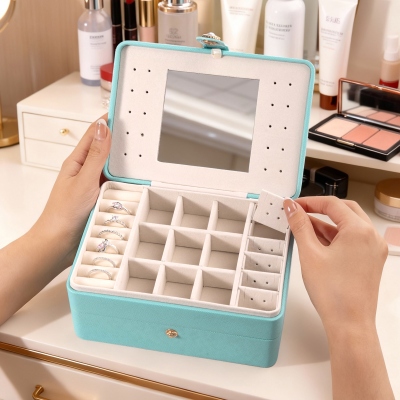 Scatola per il trucco da viaggio con nome e fiore di nascita personalizzati, scatola con specchio per il trucco multifunzionale, scatola per riporre gioielli/cosmetici, regalo di compleanno per lei