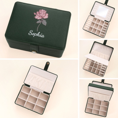 Scatola per il trucco da viaggio con nome e fiore di nascita personalizzati, scatola con specchio per il trucco multifunzionale, scatola per riporre gioielli/cosmetici, regalo di compleanno per lei