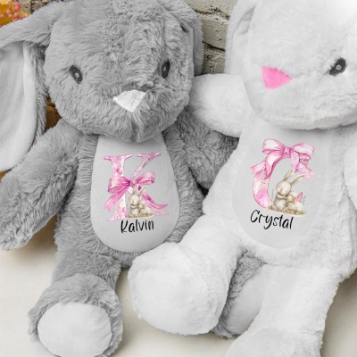 Personlig rosa rosett Initial Bunny Doll Leksak med namn, mjuk plysch kanin gosedjur minnessak, påskdekor, födelsedags-/påskpresent för barn/flickor