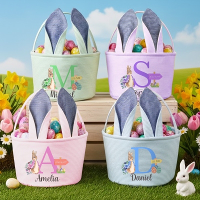 Canasta de Pascua con nombre personalizado, Peter Rabbit y alfabeto, con orejas de conejo, canasta para la búsqueda de huevos de Pascua, bolsa de regalo de Pascua de seersucker, regalo de Pascua para niños/niñas