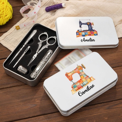 Macchina da cucire patchwork personalizzata con nome, set di 6 strumenti da cucito vintage con scatola di latta, regalo di compleanno/festa della mamma per mamme/sarti/amanti del cucito