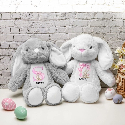 Personlig rosa rosett Initial Bunny Doll Leksak med namn, mjuk plysch kanin gosedjur minnessak, påskdekor, födelsedags-/påskpresent för barn/flickor