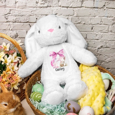 Bambola giocattolo coniglietto con fiocco rosa personalizzato con nome, morbido peluche coniglio peluche ricordo, decorazione pasquale, regalo di compleanno/Pasqua per bambini/ragazze