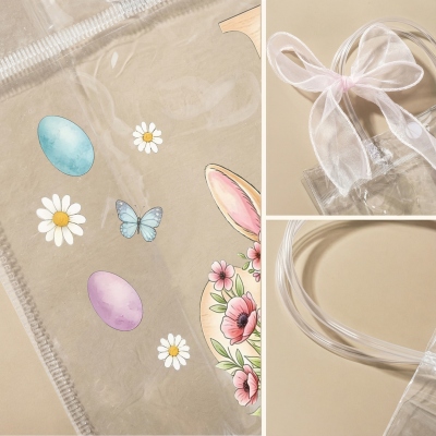 Personlig namnpåskpresentpåse med blommigt kaninalfabet och rosa rosett, genomskinlig PVC-påskäggjaktspåse, påskpresent för barn/flickor/pojkar