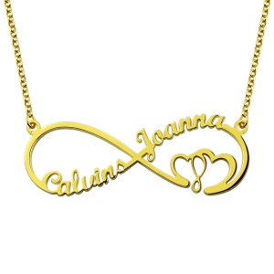 Collar con corazón en corazón, forma de infinito y 2 nombres de plata bañada en oro